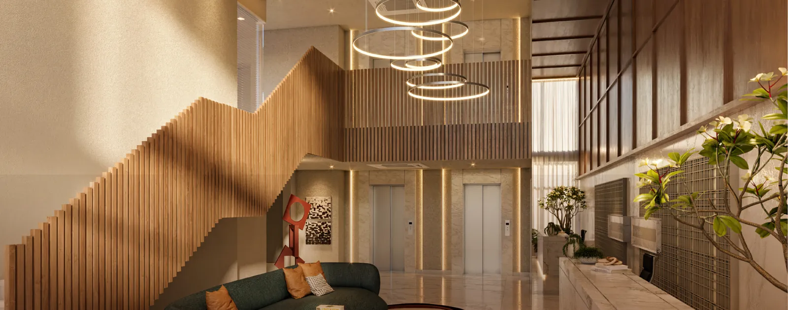 Render do hall de entrada do Vibe Meireles, com pé-direito duplo, iluminação em anéis e recepção 24h