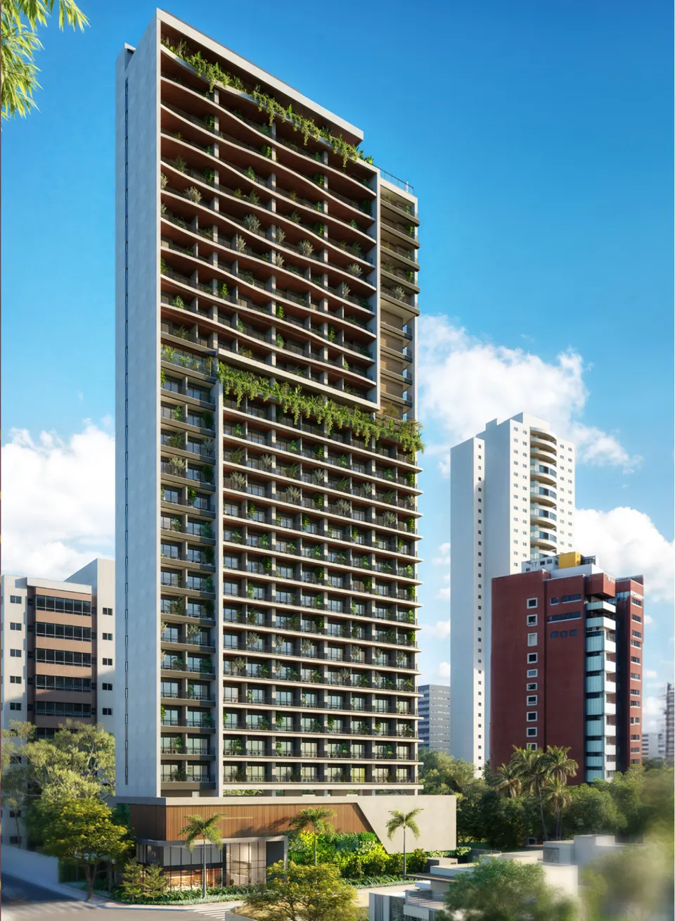 Render da fachada da torre Vibe Meireles, contemporânea com varandas ajardinadas, no Meireles em Fortaleza