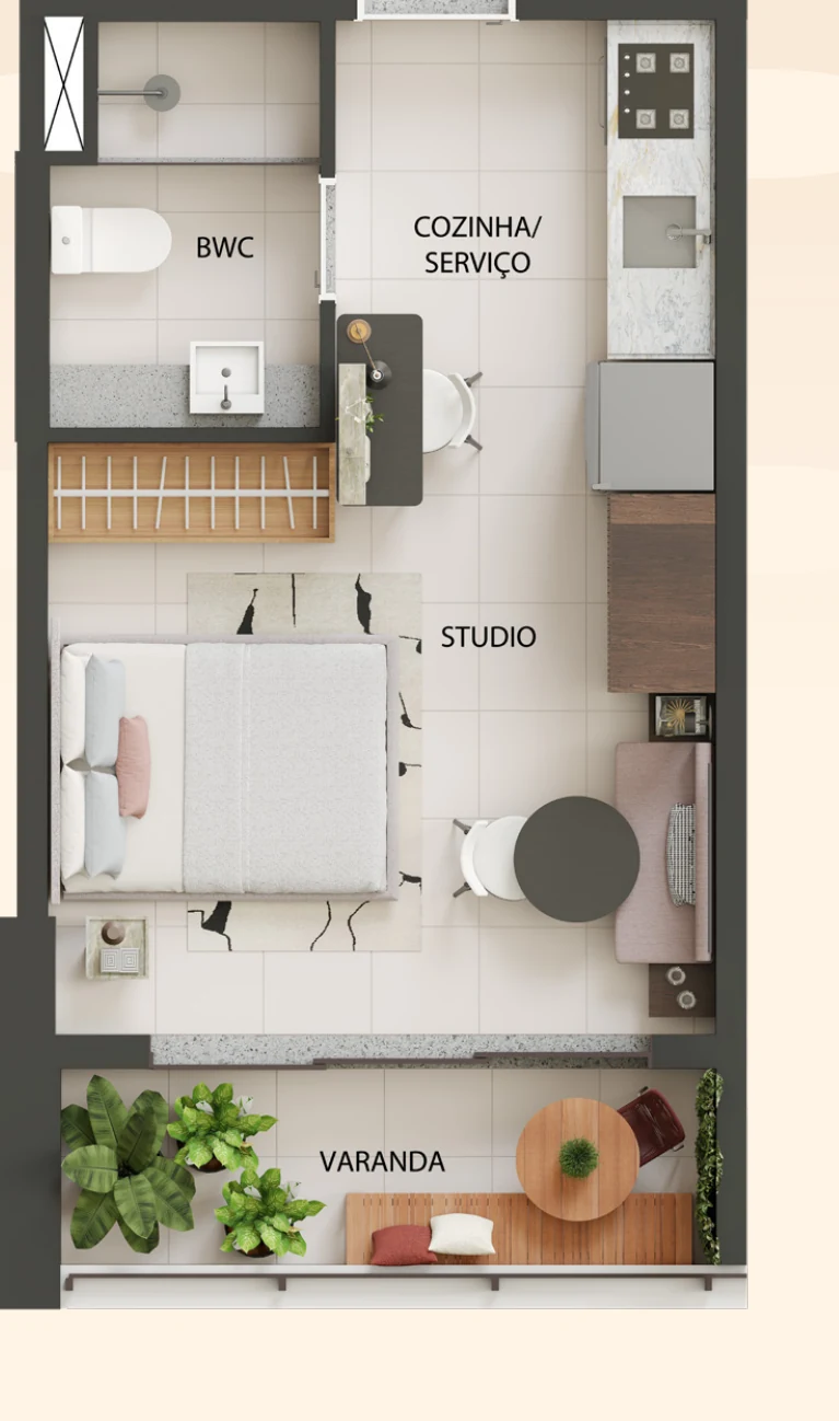 Planta do studio de 28 m² do Vibe Meireles, com estar e quarto integrados, cozinha, banheiro e varanda