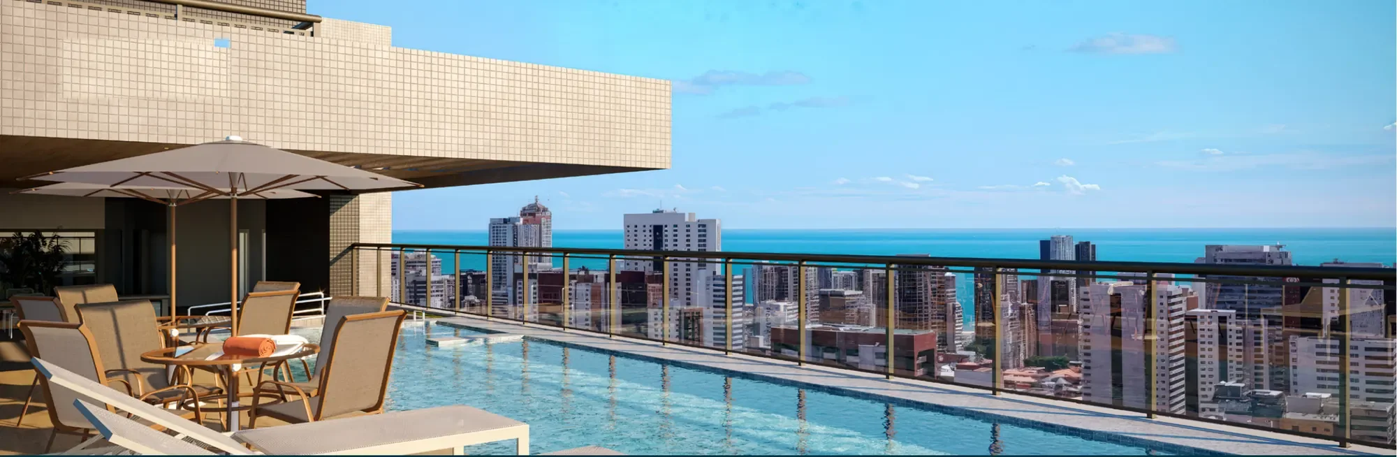 Render da piscina aquecida no rooftop do Vibe Meireles, com deck, espreguiçadeiras e vista para a cidade e o mar