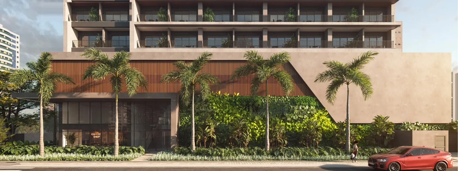 Render do térreo ativo do Vibe Meireles, com cafeteria, paisagismo e palmeiras na Rua Pereira Valente